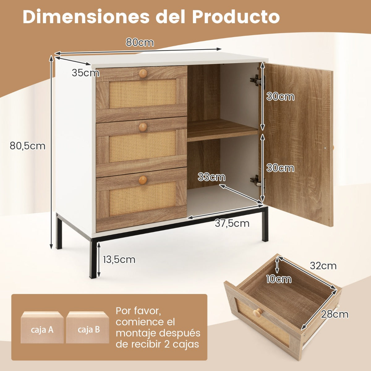 Aparador de Cocina de Ratán con Puerta y 3 Cajones Mueble Buffet Auxiliar para Sala de Estar Pasillo Entrada 80 x 35 x 80,5 cm Blanco