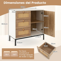 Aparador de Cocina de Ratán con Puerta y 3 Cajones Mueble Buffet Auxiliar para Sala de Estar Pasillo Entrada 80 x 35 x 80,5 cm Blanco