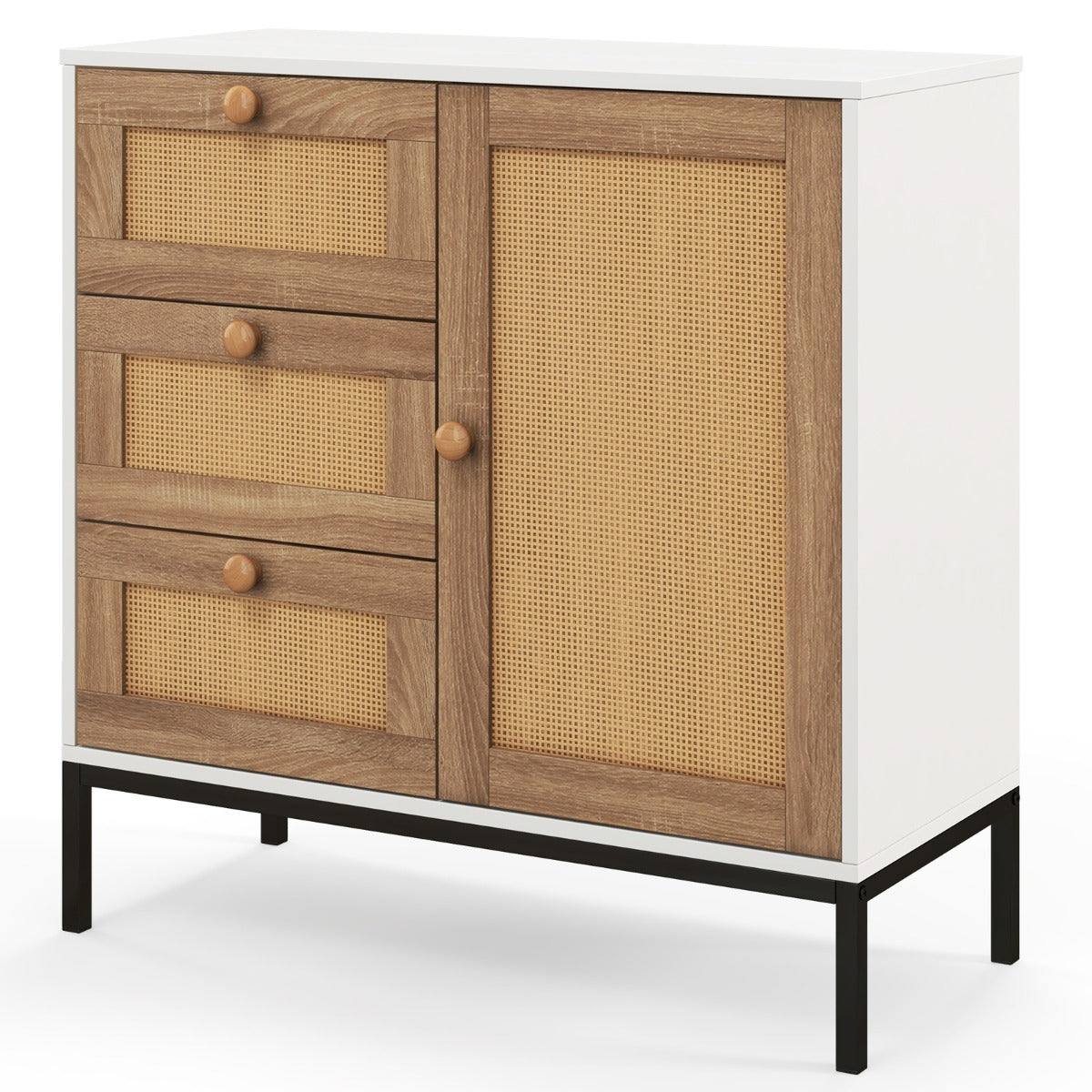 Aparador de Cocina de Ratán con Puerta y 3 Cajones Mueble Buffet Auxiliar para Sala de Estar Pasillo Entrada 80 x 35 x 80,5 cm Blanco