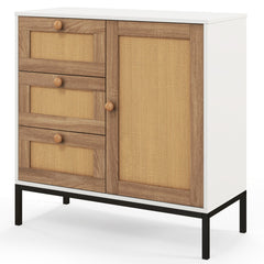 Aparador de Cocina de Ratán con Puerta y 3 Cajones Mueble Buffet Auxiliar para Sala de Estar Pasillo Entrada 80 x 35 x 80,5 cm Blanco