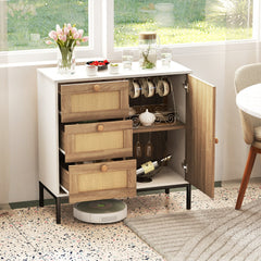 Aparador de Cocina de Ratán con Puerta y 3 Cajones Mueble Buffet Auxiliar para Sala de Estar Pasillo Entrada 80 x 35 x 80,5 cm Blanco