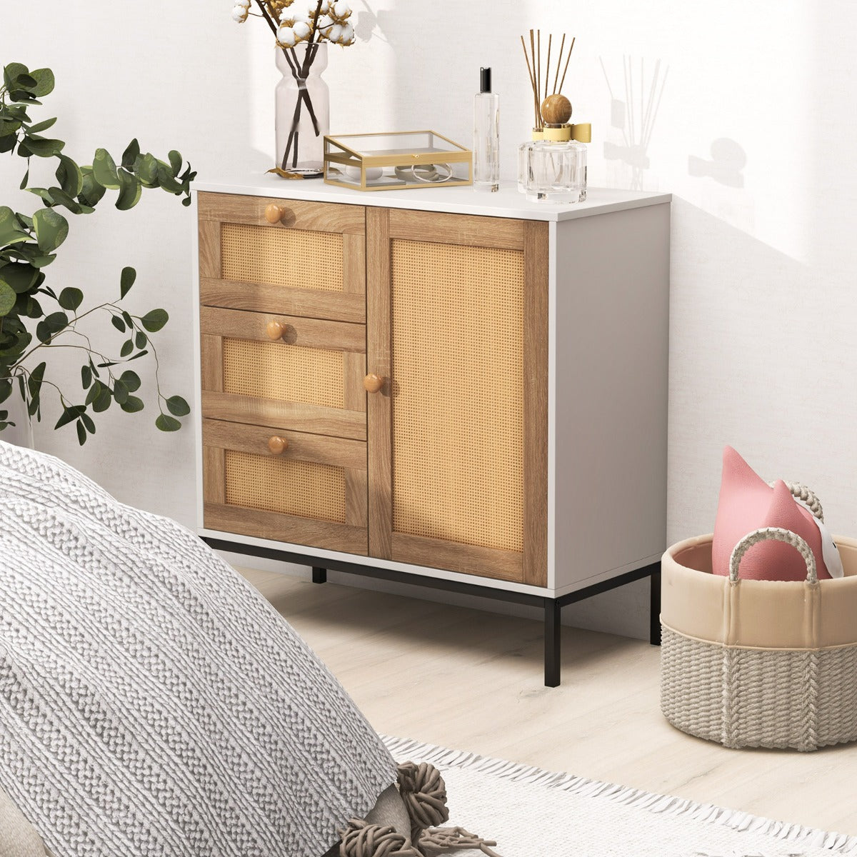 Aparador de Cocina de Ratán con Puerta y 3 Cajones Mueble Buffet Auxiliar para Sala de Estar Pasillo Entrada 80 x 35 x 80,5 cm Blanco
