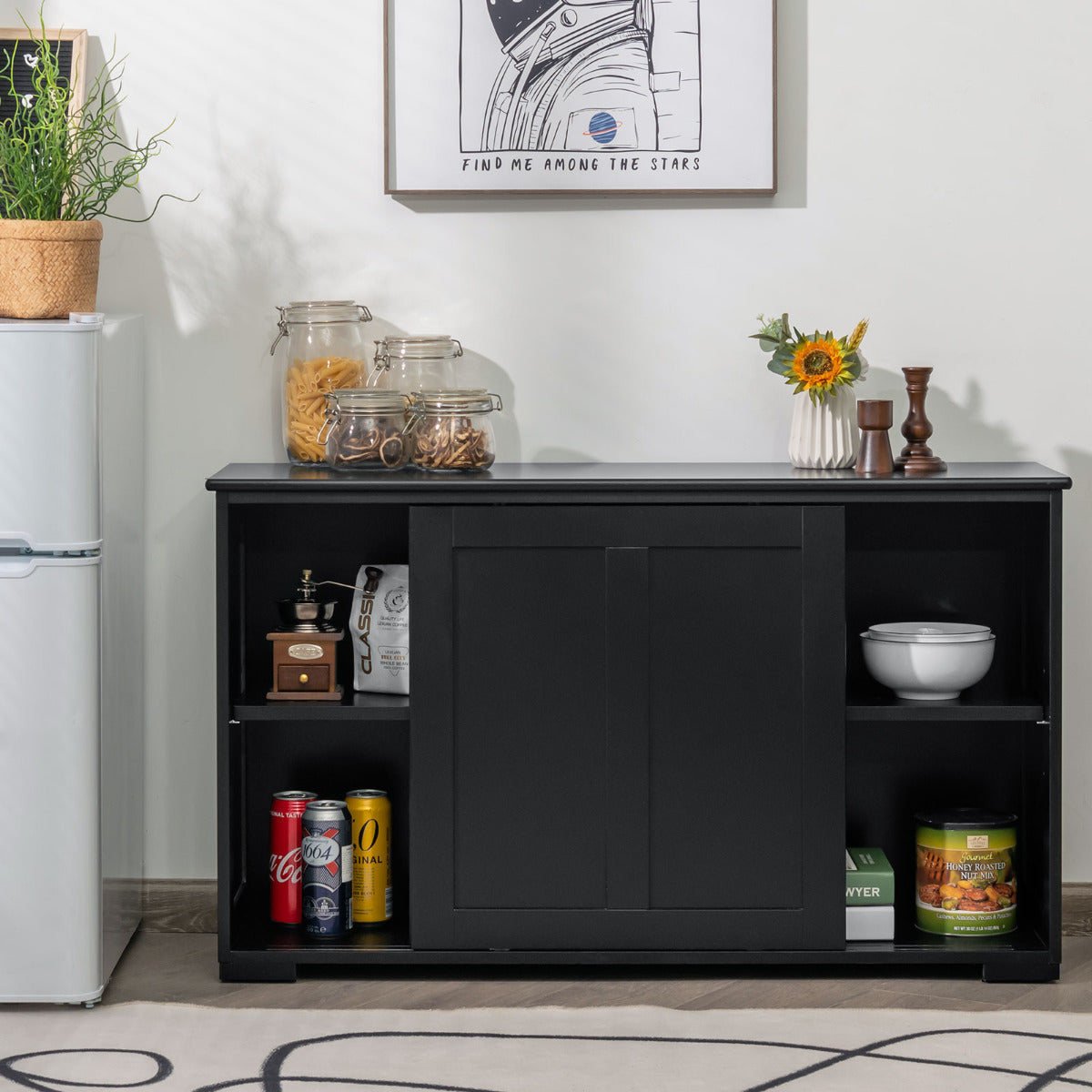 Aparador de Cocina Buffet con Puertas Correderas Armario Multiusos Organizador de Almacenamiento para Comedor Salón 107 x 33 x 60 cm Negro
