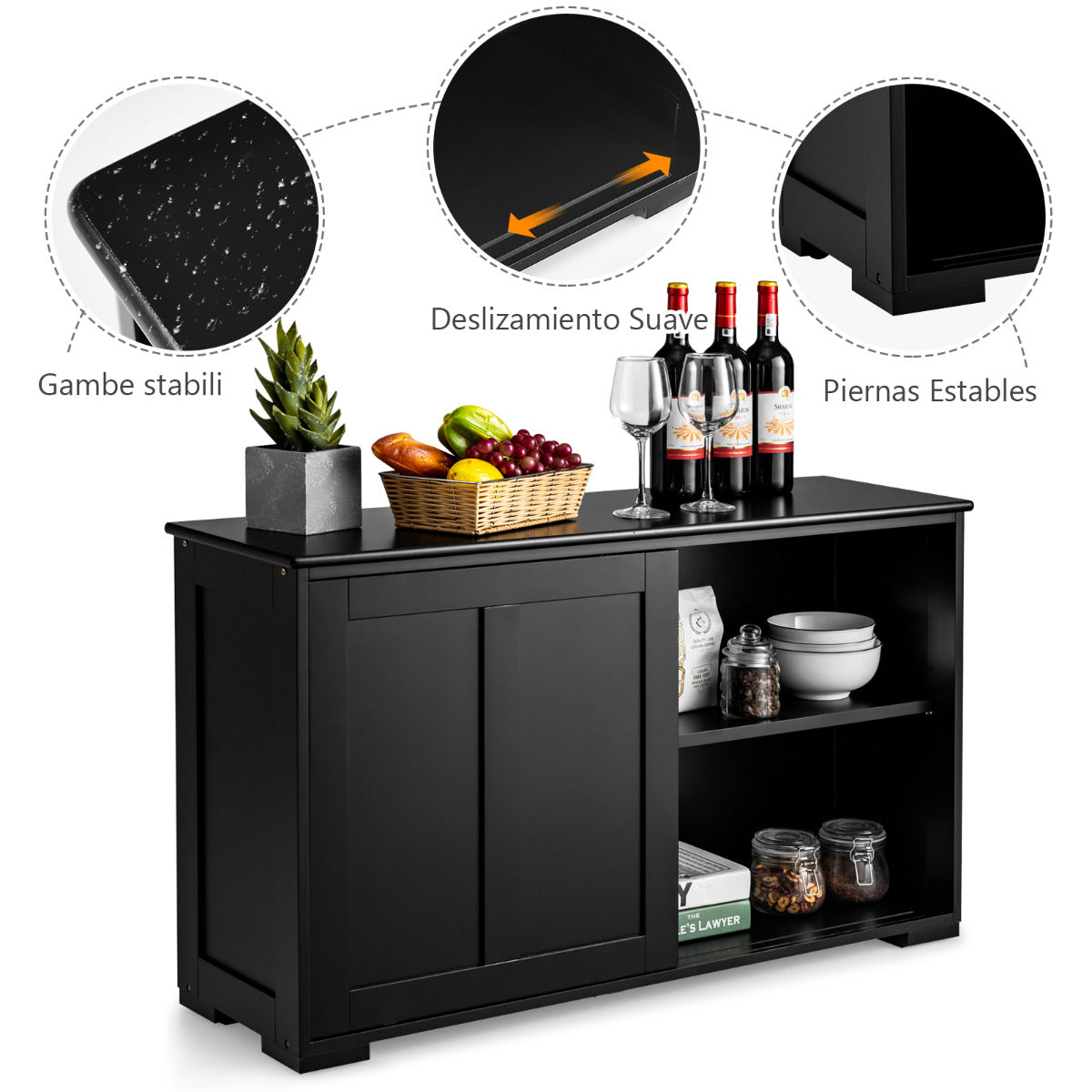 Aparador de Cocina Buffet con Puertas Correderas Armario Multiusos Organizador de Almacenamiento para Comedor Salón 107 x 33 x 60 cm Negro