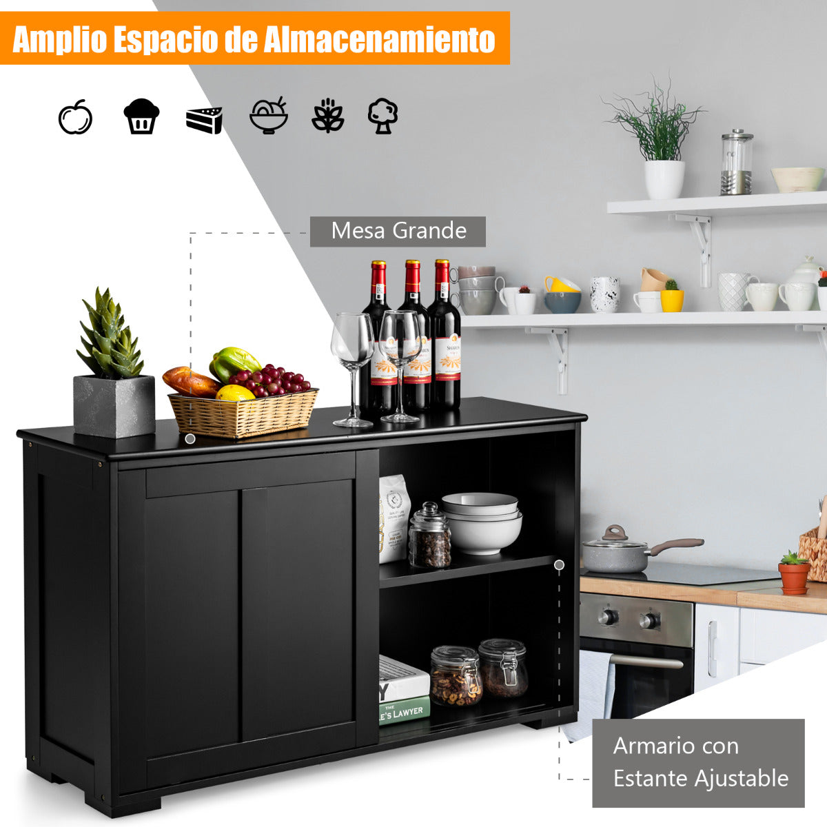 Aparador de Cocina Buffet con Puertas Correderas Armario Multiusos Organizador de Almacenamiento para Comedor Salón 107 x 33 x 60 cm Negro