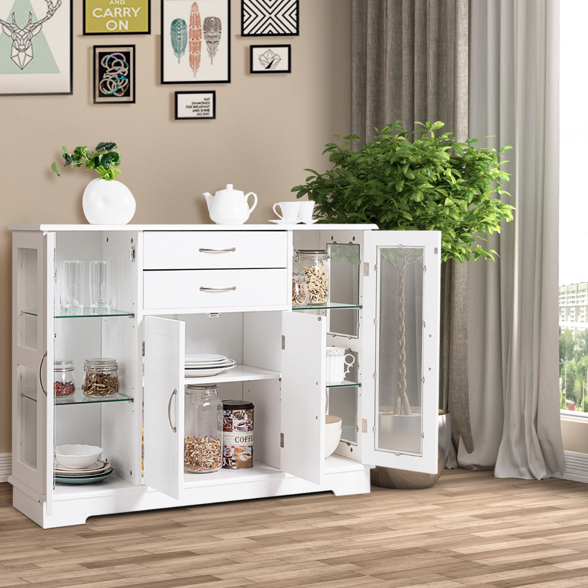 Aparador Armario con Puertas de Vidrio Templado con 2 Cajones Mueble Organizador para Cocina Comedor Salón 107 x 30 x 82 cm Blanco