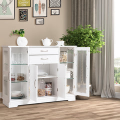 Aparador Armario con Puertas de Vidrio Templado con 2 Cajones Mueble Organizador para Cocina Comedor Salón 107 x 30 x 82 cm Blanco