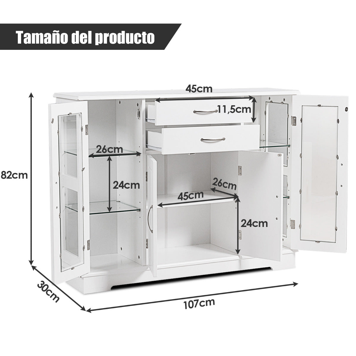Aparador Armario con Puertas de Vidrio Templado con 2 Cajones Mueble Organizador para Cocina Comedor Salón 107 x 30 x 82 cm Blanco