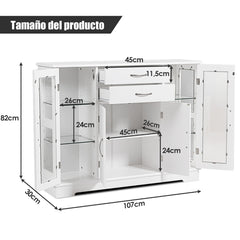 Aparador Armario con Puertas de Vidrio Templado con 2 Cajones Mueble Organizador para Cocina Comedor Salón 107 x 30 x 82 cm Blanco