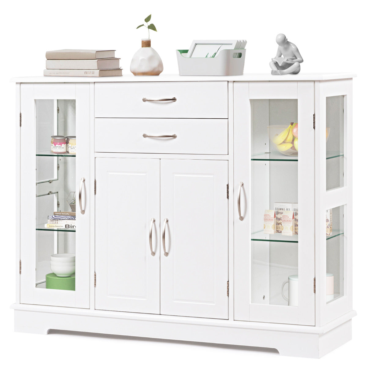 Aparador Armario con Puertas de Vidrio Templado con 2 Cajones Mueble Organizador para Cocina Comedor Salón 107 x 30 x 82 cm Blanco