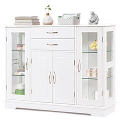 Aparador Armario con Puertas de Vidrio Templado con 2 Cajones Mueble Organizador para Cocina Comedor Salón 107 x 30 x 82 cm Blanco