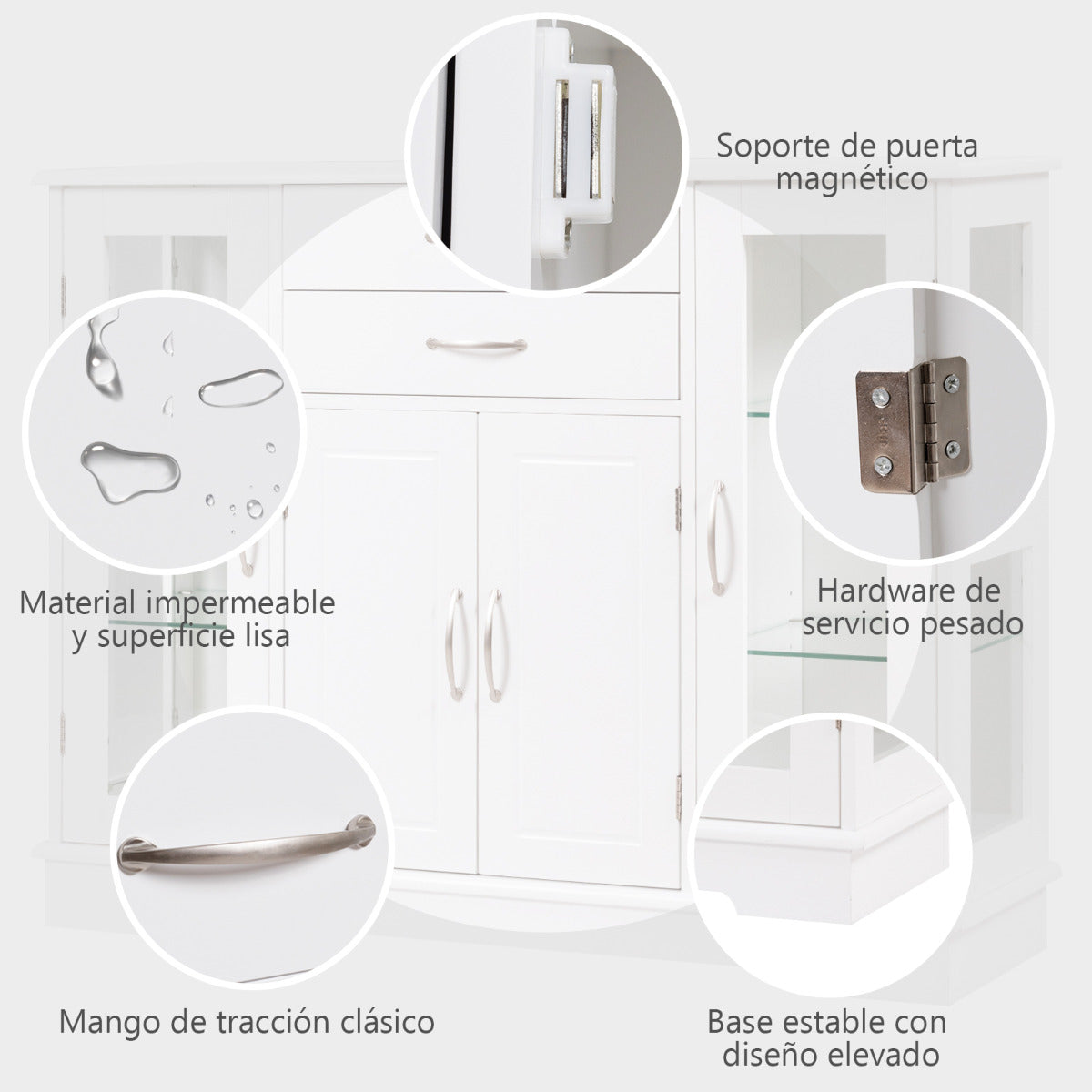 Aparador Armario con Puertas de Vidrio Templado con 2 Cajones Mueble Organizador para Cocina Comedor Salón 107 x 30 x 82 cm Blanco