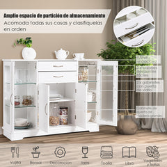 Aparador Armario con Puertas de Vidrio Templado con 2 Cajones Mueble Organizador para Cocina Comedor Salón 107 x 30 x 82 cm Blanco