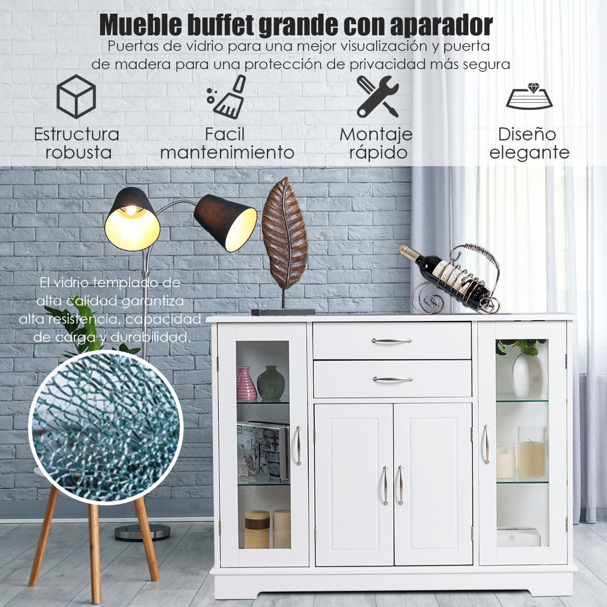 Aparador Armario con Puertas de Vidrio Templado con 2 Cajones Mueble Organizador para Cocina Comedor Salón 107 x 30 x 82 cm Blanco