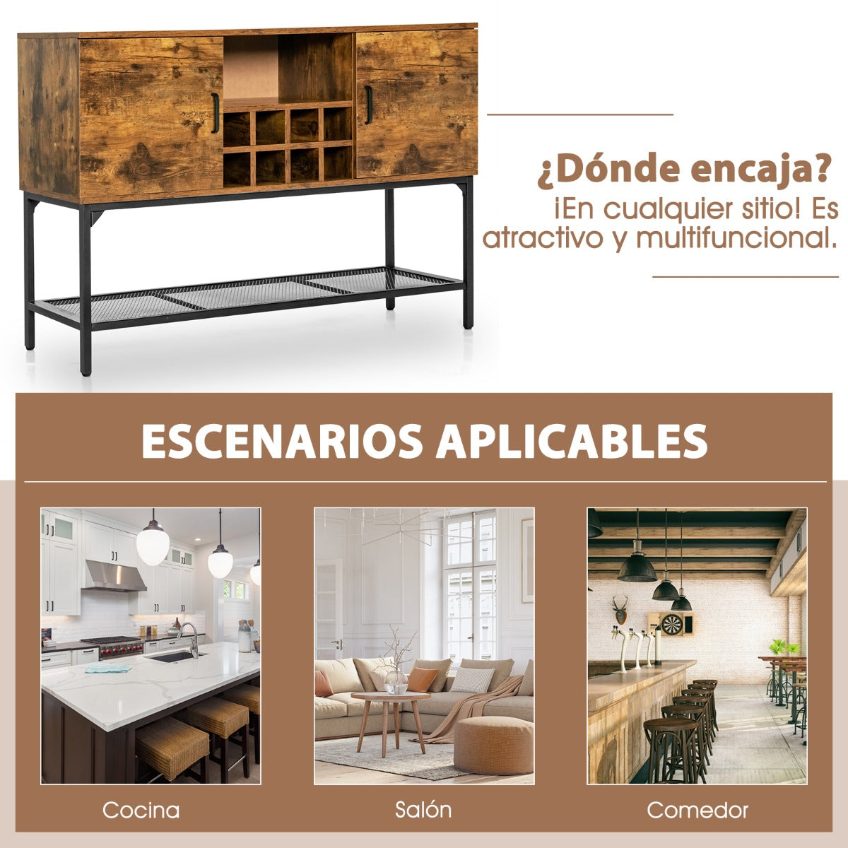 Aparador Industrial de Buffet con Portavino Estante de Rejilla 2 Armarios con Puertas para Comedor Pasillo 122 x 41 x 85 cm Marrón