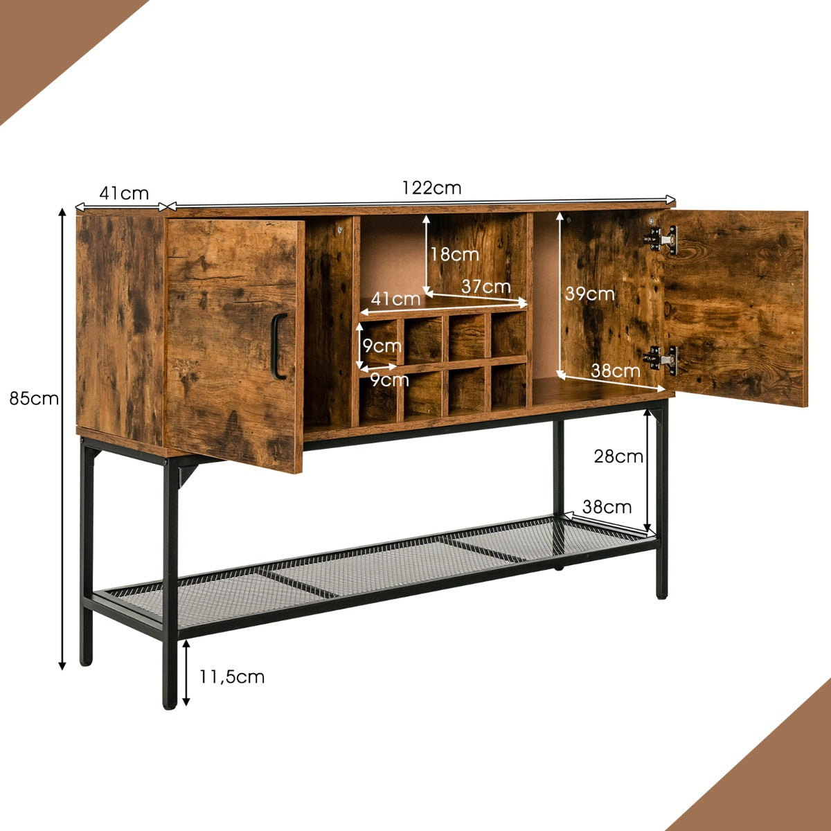 Aparador Industrial de Buffet con Portavino Estante de Rejilla 2 Armarios con Puertas para Comedor Pasillo 122 x 41 x 85 cm Marrón