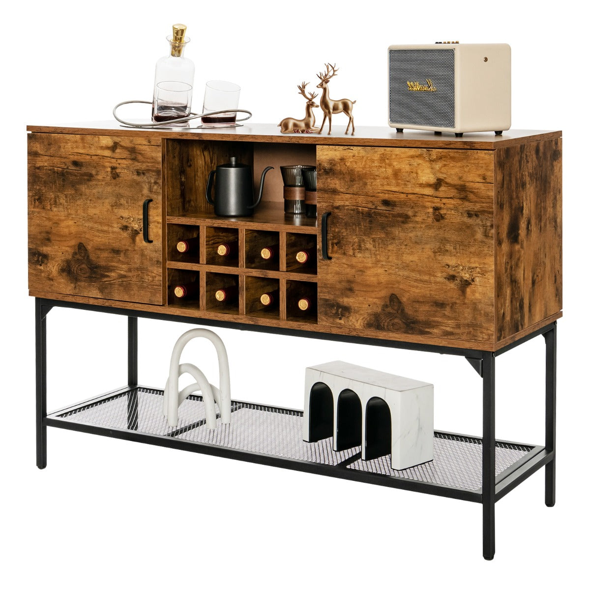 Aparador Industrial de Buffet con Portavino Estante de Rejilla 2 Armarios con Puertas para Comedor Pasillo 122 x 41 x 85 cm Marrón