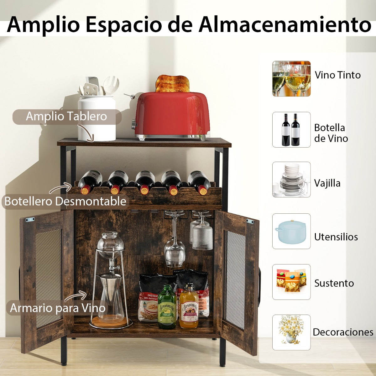 Aparador Industrial para Cocina con Estante Extraíble para Vinos y Portavasos Marrón Rústico 60 x 34 x 79 cm
