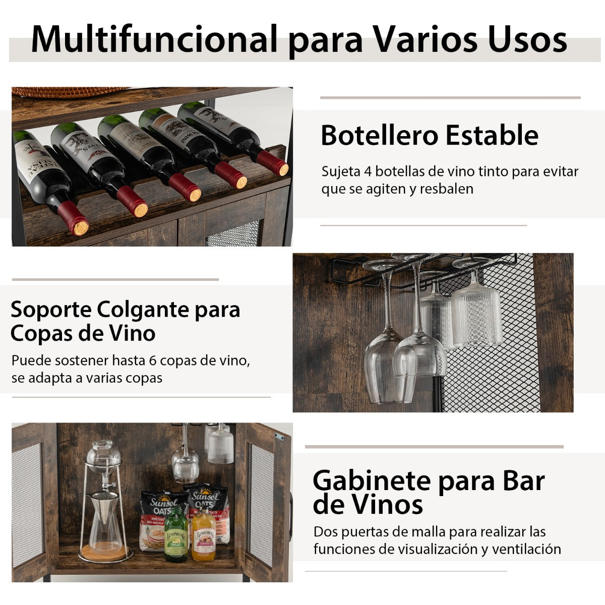 Aparador Industrial para Cocina con Estante Extraíble para Vinos y Portavasos Marrón Rústico 60 x 34 x 79 cm