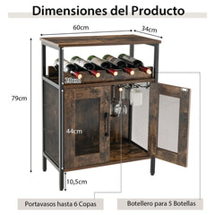 Aparador Industrial para Cocina con Estante Extraíble para Vinos y Portavasos Marrón Rústico 60 x 34 x 79 cm