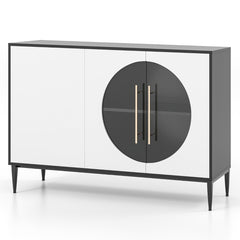 Aparador con Puerta de Vidrio Templado 3 Puertas Patas de Metal Elevadas Gabinete de Almacenamiento Independiente para Cocina Blanco