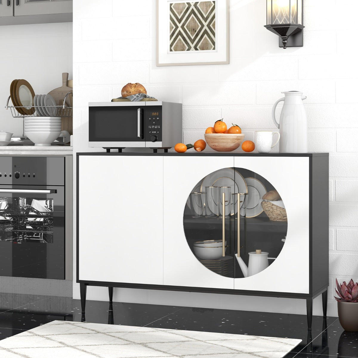 Aparador con Puerta de Vidrio Templado 3 Puertas Patas de Metal Elevadas Gabinete de Almacenamiento Independiente para Cocina Blanco