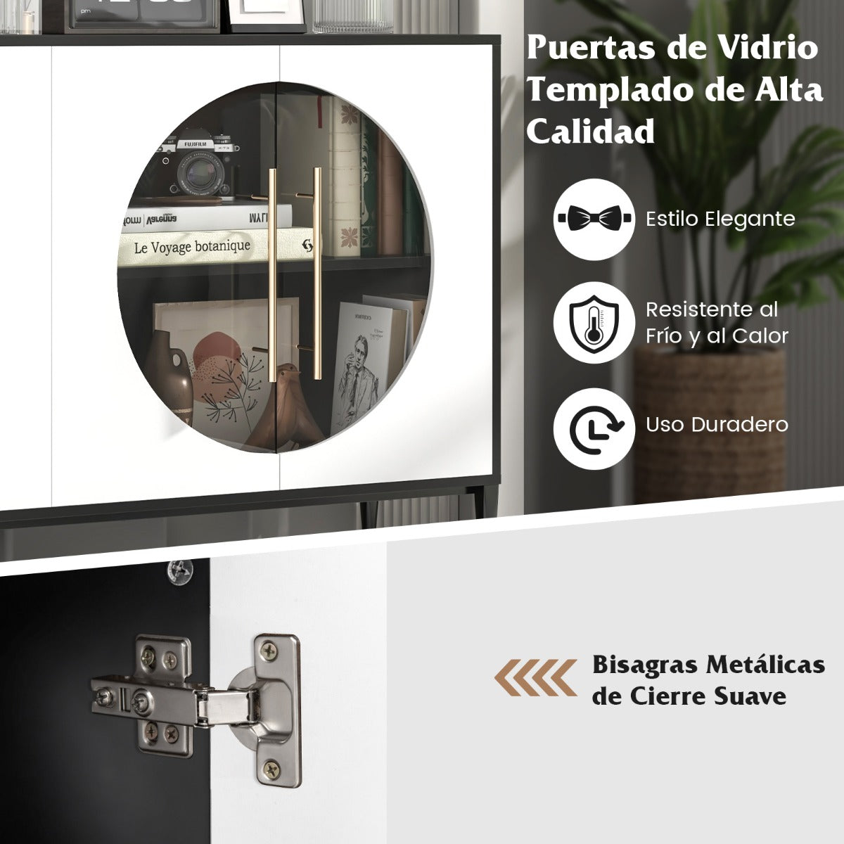 Aparador con Puerta de Vidrio Templado 3 Puertas Patas de Metal Elevadas Gabinete de Almacenamiento Independiente para Cocina Blanco