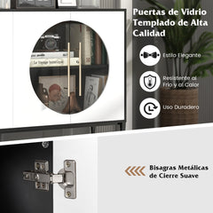 Aparador con Puerta de Vidrio Templado 3 Puertas Patas de Metal Elevadas Gabinete de Almacenamiento Independiente para Cocina Blanco