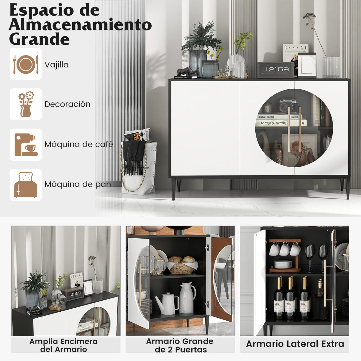 Aparador con Puerta de Vidrio Templado 3 Puertas Patas de Metal Elevadas Gabinete de Almacenamiento Independiente para Cocina Blanco