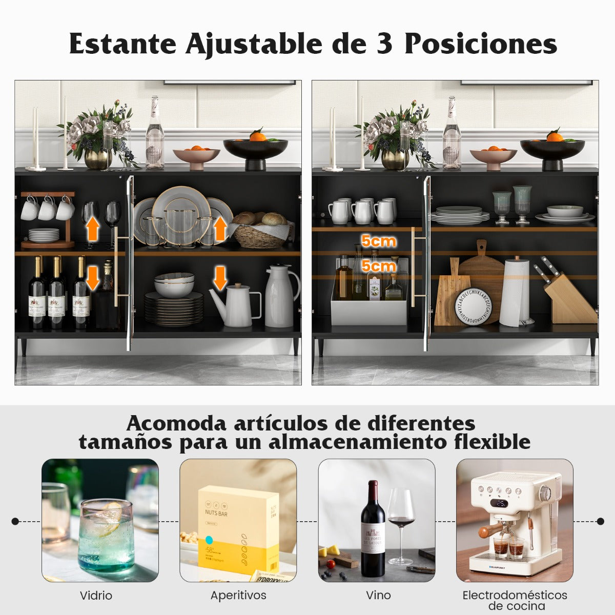 Aparador con Puerta de Vidrio Templado 3 Puertas Patas de Metal Elevadas Gabinete de Almacenamiento Independiente para Cocina Blanco