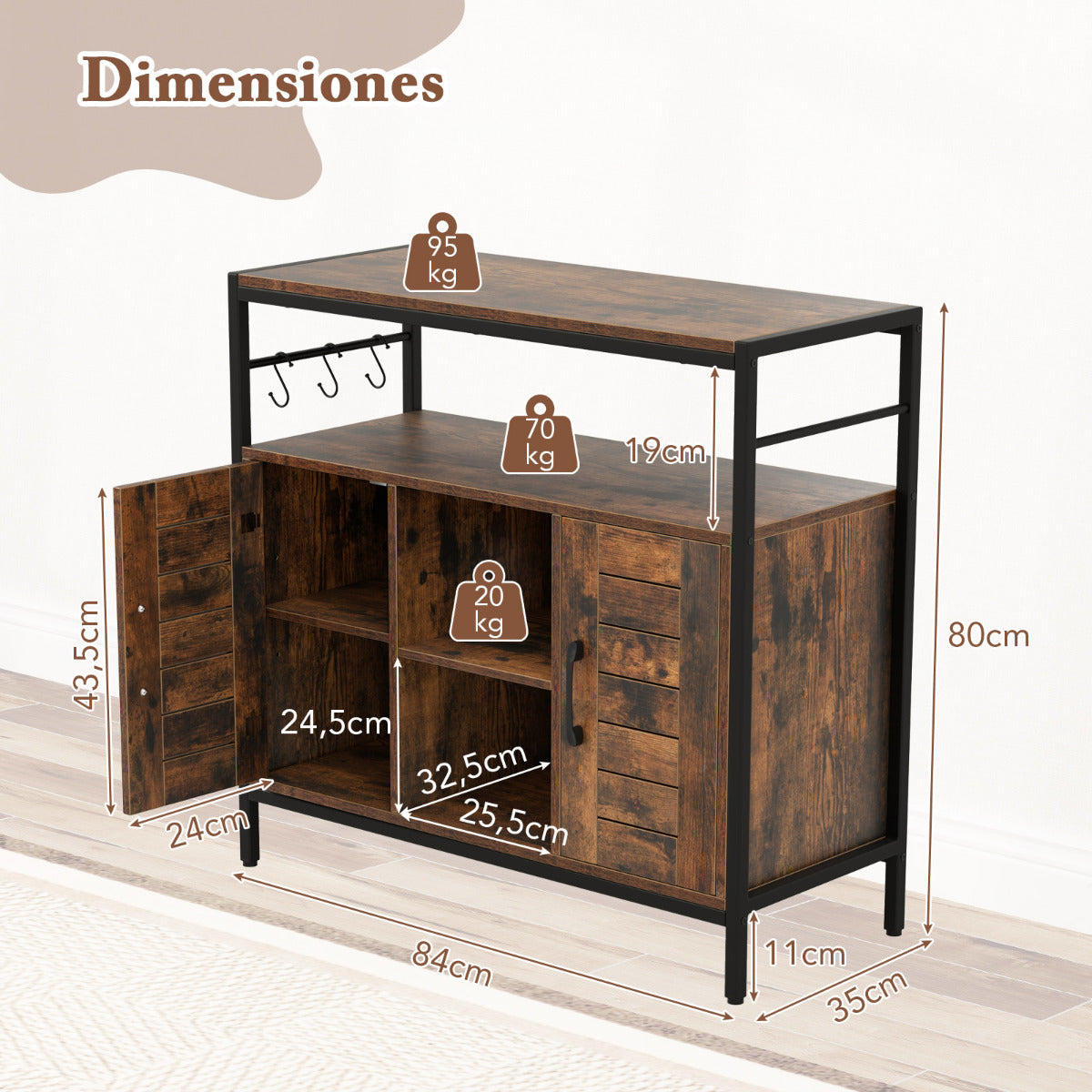 Aparador Mueble para Bar de Café con 2 Puertas Compartimentos Abiertos Estantes Ajustables Mueble Industrial para Cocina Comedor Marrón