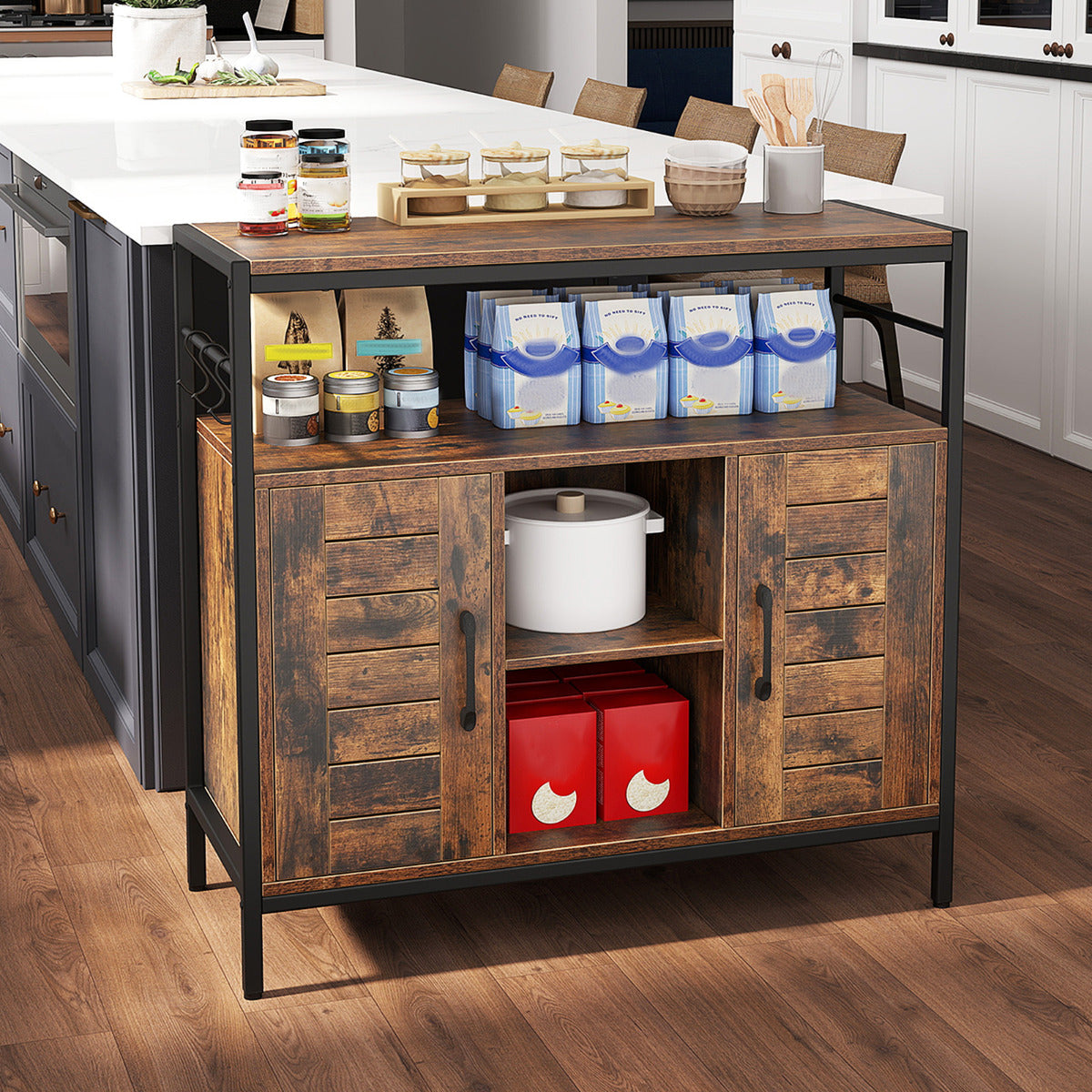Aparador Mueble para Bar de Café con 2 Puertas Compartimentos Abiertos Estantes Ajustables Mueble Industrial para Cocina Comedor Marrón
