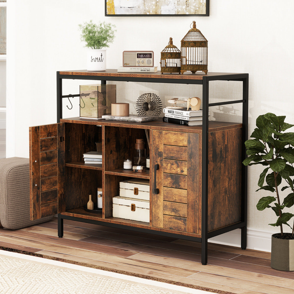 Aparador Mueble para Bar de Café con 2 Puertas Compartimentos Abiertos Estantes Ajustables Mueble Industrial para Cocina Comedor Marrón