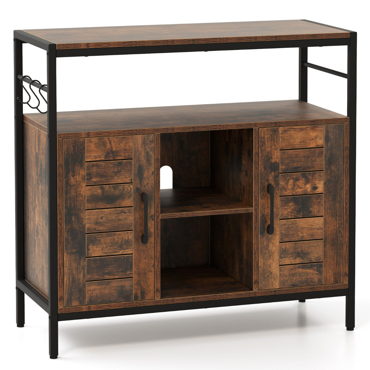 Aparador Mueble para Bar de Café con 2 Puertas Compartimentos Abiertos Estantes Ajustables Mueble Industrial para Cocina Comedor Marrón