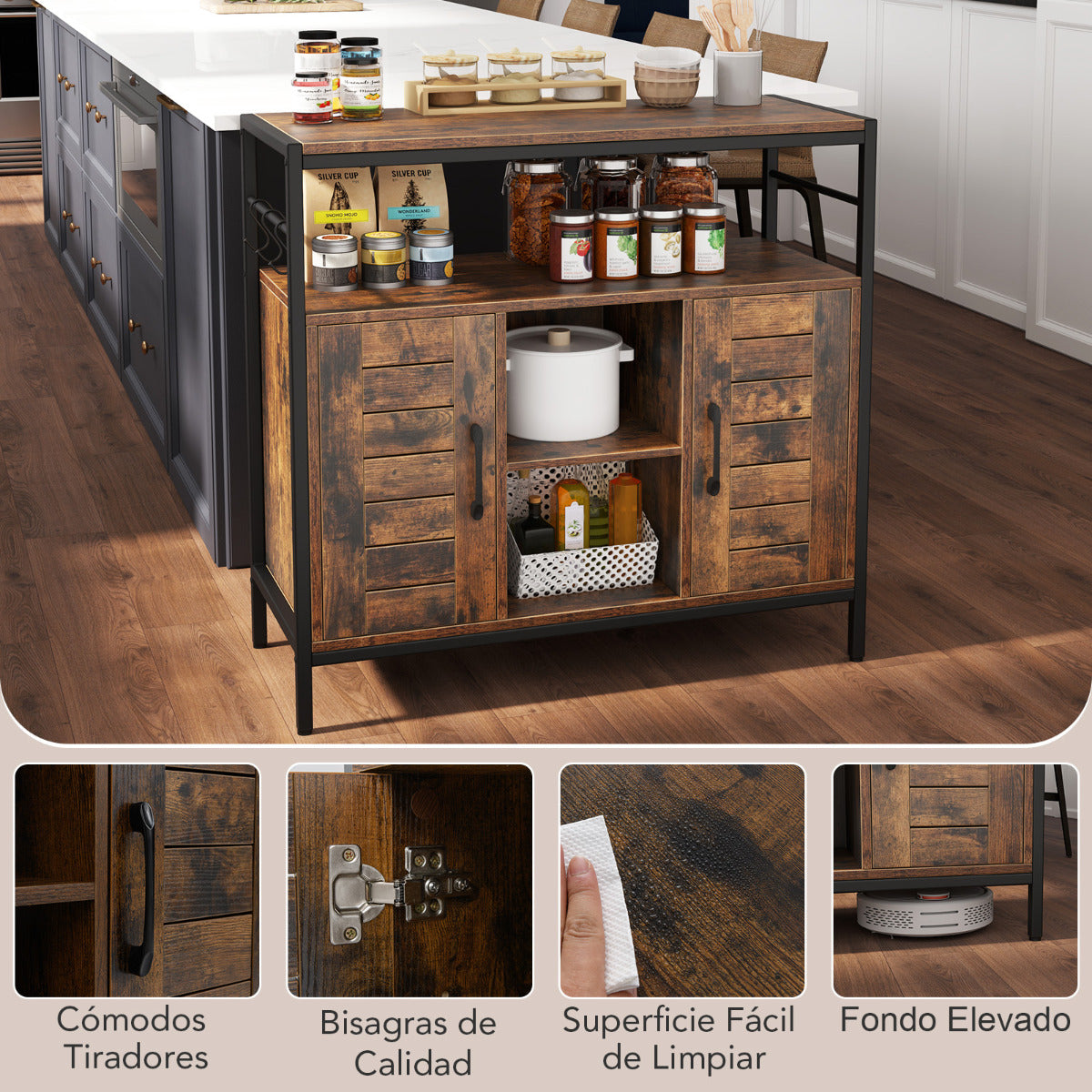 Aparador Mueble para Bar de Café con 2 Puertas Compartimentos Abiertos Estantes Ajustables Mueble Industrial para Cocina Comedor Marrón