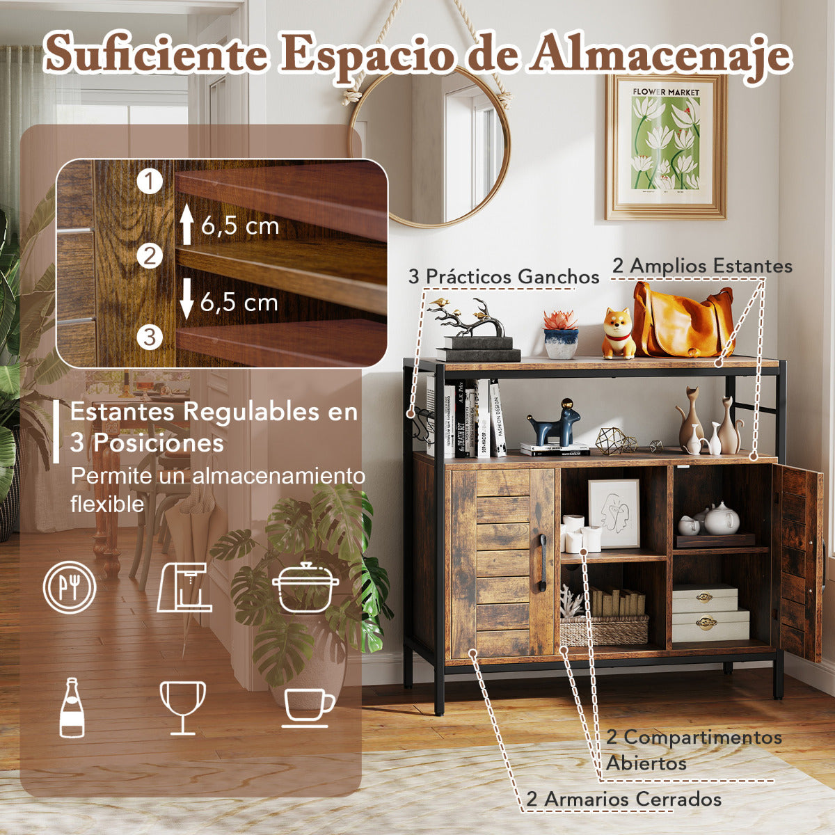 Aparador Mueble para Bar de Café con 2 Puertas Compartimentos Abiertos Estantes Ajustables Mueble Industrial para Cocina Comedor Marrón