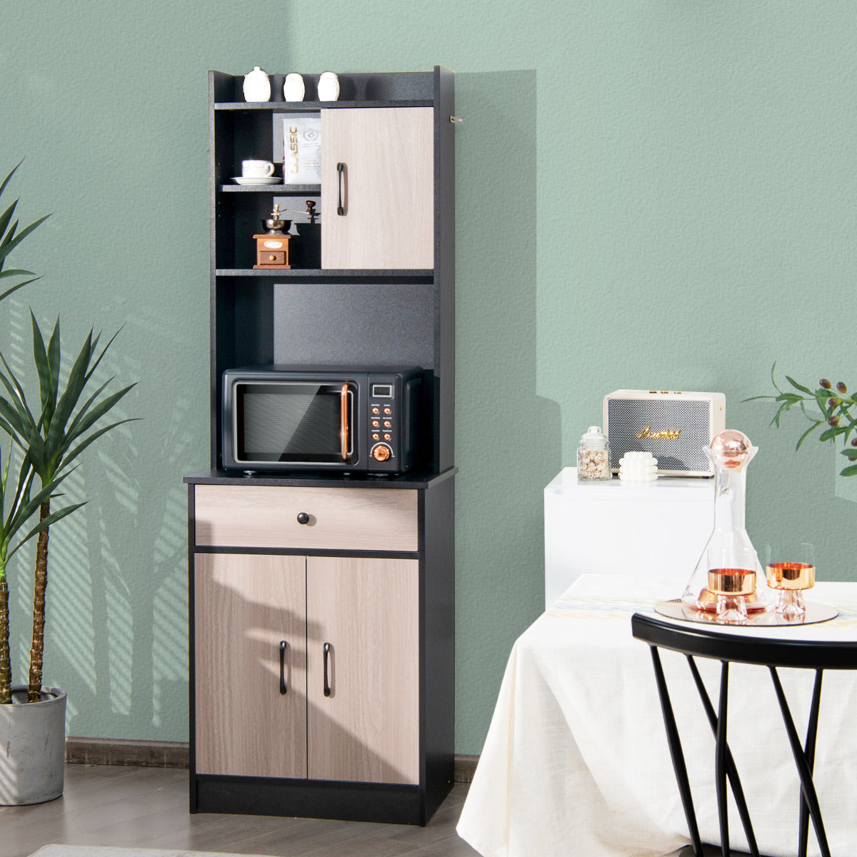Mueble Aramrio de Cocina con 3 Puertas Despensa Cajón Hoyo para Cables Repisas Regulables Amplio Espacio Abierto para Microondas Negro
