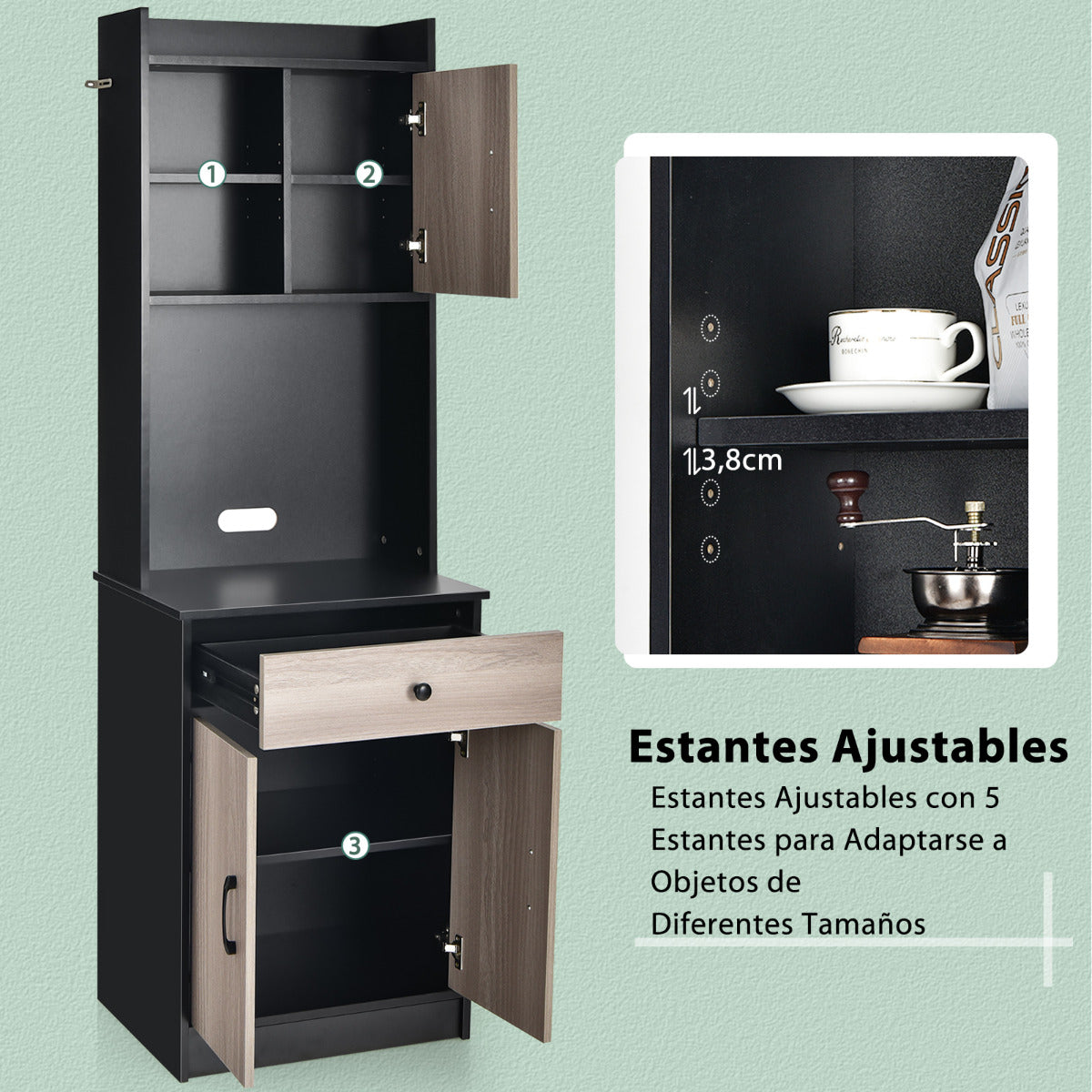 Mueble Aramrio de Cocina con 3 Puertas Despensa Cajón Hoyo para Cables Repisas Regulables Amplio Espacio Abierto para Microondas Negro