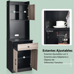 Mueble Aramrio de Cocina con 3 Puertas Despensa Cajón Hoyo para Cables Repisas Regulables Amplio Espacio Abierto para Microondas Negro
