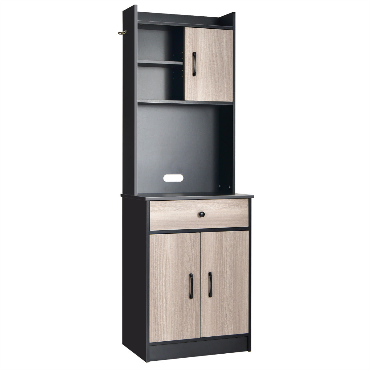 Mueble Aramrio de Cocina con 3 Puertas Despensa Cajón Hoyo para Cables Repisas Regulables Amplio Espacio Abierto para Microondas Negro
