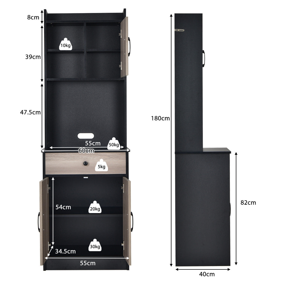 Mueble Aramrio de Cocina con 3 Puertas Despensa Cajón Hoyo para Cables Repisas Regulables Amplio Espacio Abierto para Microondas Negro