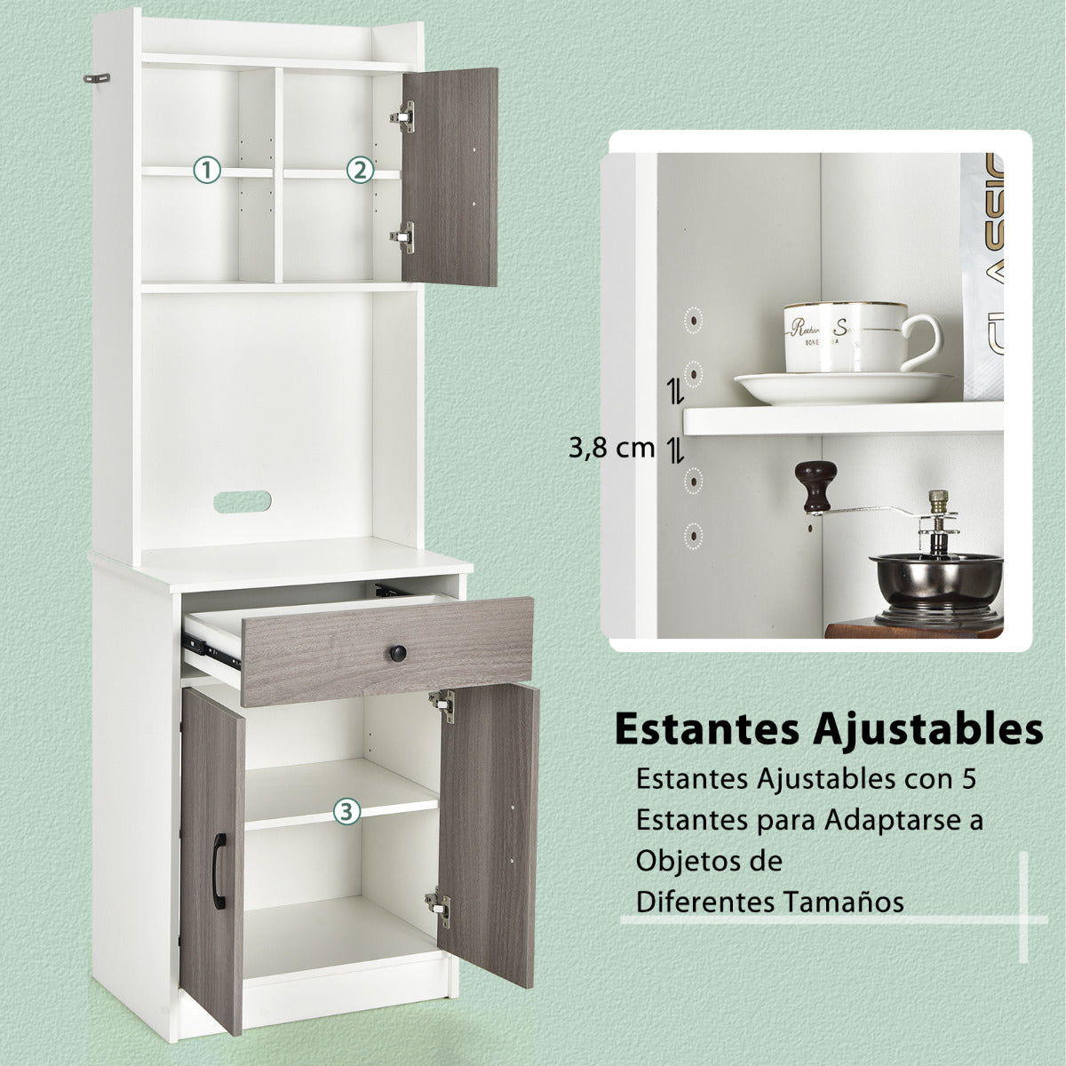 Mueble Aramrio de Cocina con 3 Puertas Despensa Cajón Hoyo para Cables Repisas Regulables Amplio Espacio Abierto para Microondas Blanco