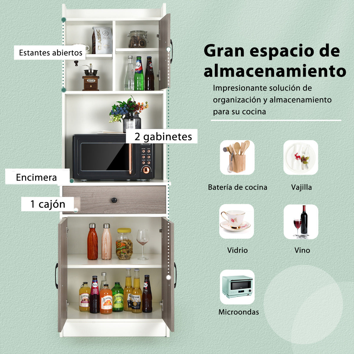 Mueble Aramrio de Cocina con 3 Puertas Despensa Cajón Hoyo para Cables Repisas Regulables Amplio Espacio Abierto para Microondas Blanco