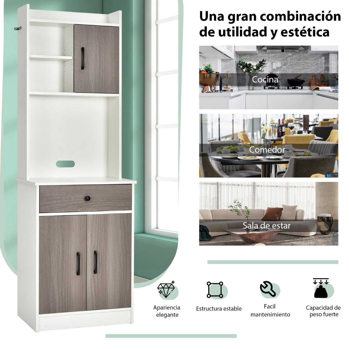 Mueble Aramrio de Cocina con 3 Puertas Despensa Cajón Hoyo para Cables Repisas Regulables Amplio Espacio Abierto para Microondas Blanco