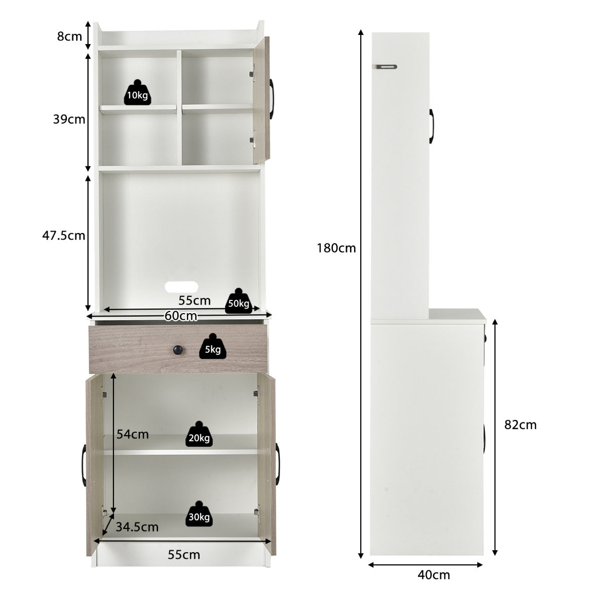 Mueble Aramrio de Cocina con 3 Puertas Despensa Cajón Hoyo para Cables Repisas Regulables Amplio Espacio Abierto para Microondas Blanco