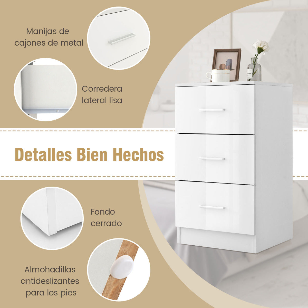 Archivador con 3 Cajones para Hojas Documentos y Carpetas Mesita de Noche para Oficina Dormitorio 37 x 34 x 66,5 cm Blanco