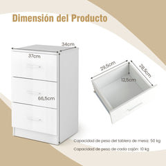 2 x Archivadores con 3 Cajones para Hojas Documentos y Carpetas Mesita de Noche para Oficina Dormitorio 37 x 34 x 66,5 cm Blanco