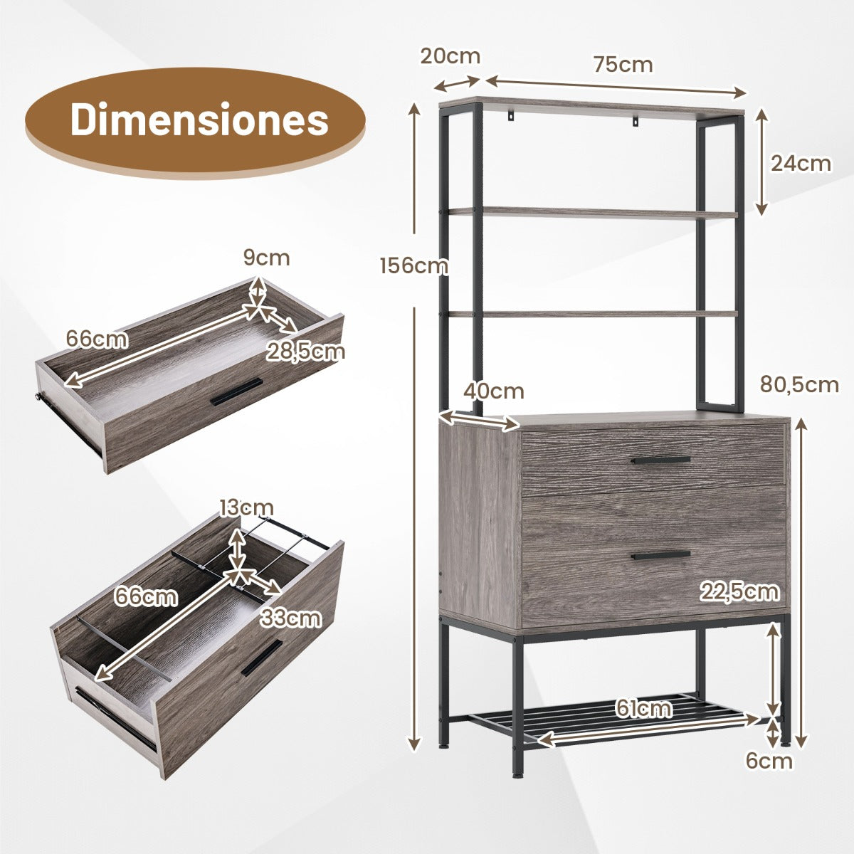 Archivador Vertical Soporte para Impresora con Estantes Cajón Compatible con Tamaño Carta A4 Legal para Oficina Gris