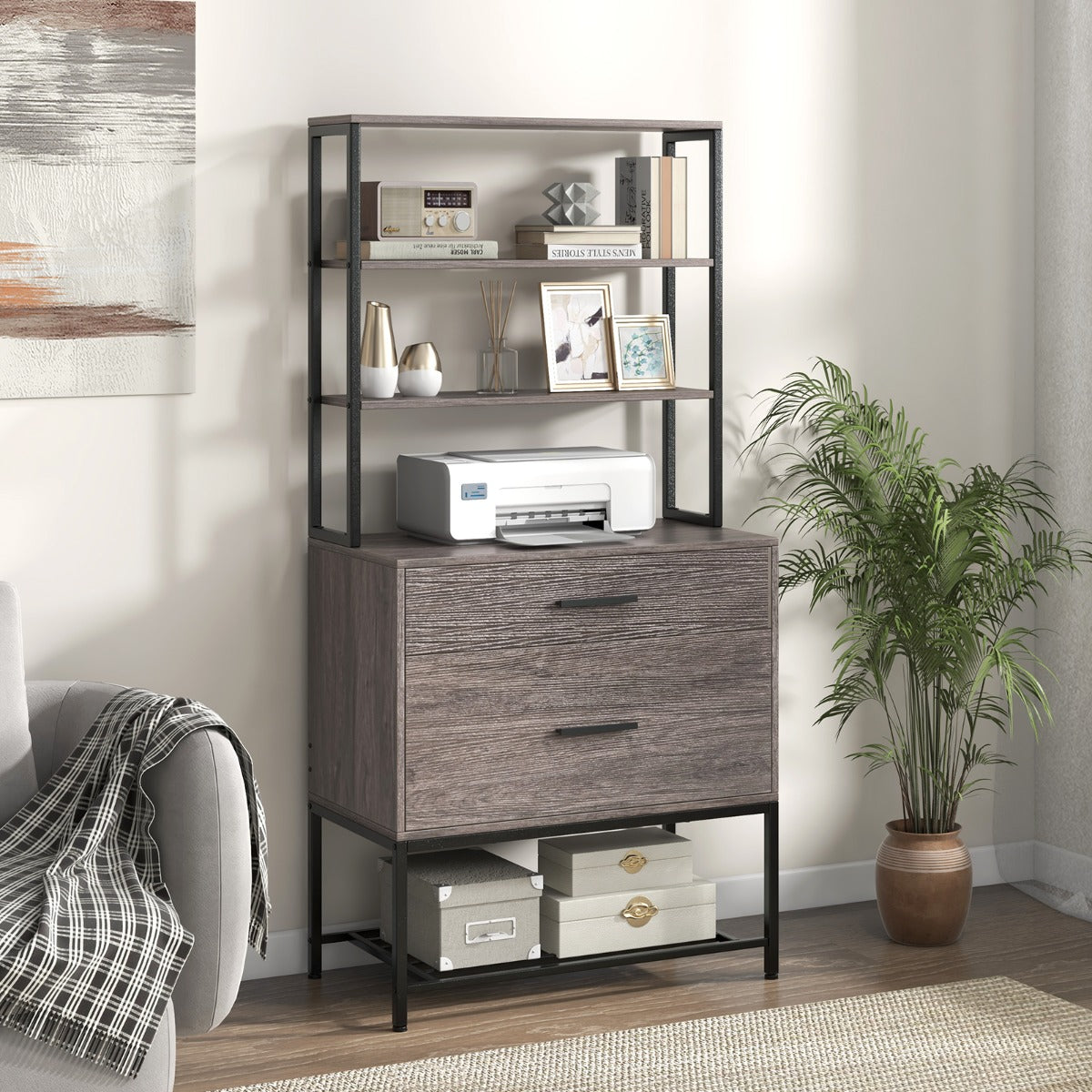 Archivador Vertical Soporte para Impresora con Estantes Cajón Compatible con Tamaño Carta A4 Legal para Oficina Gris