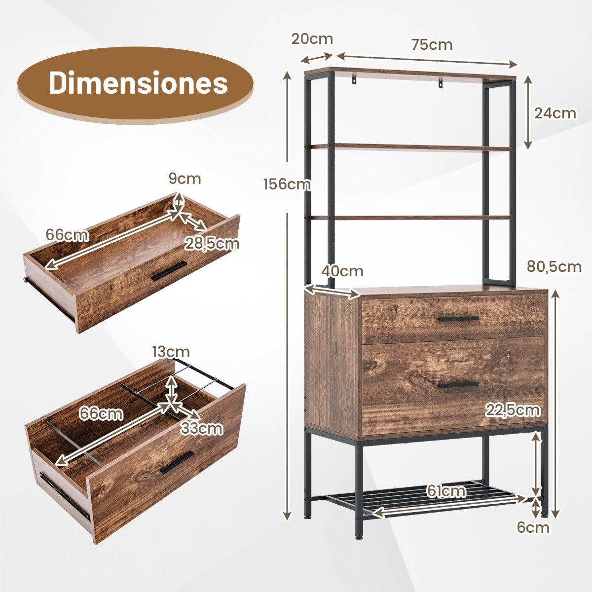 Archivador Vertical Soporte para Impresora con Estantes Cajón Compatible con Tamaño Carta A4 Legal para Oficina Marrón